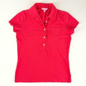 Lilly Pulitzer Womens Bright Red Coral Polo Shirt Chest Pocket Size Small Preppy